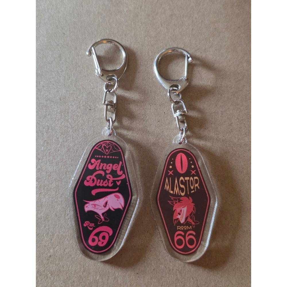 SET of Angel Dust & Alastor Hotel Room Tags Hazbin Hotel Room 66 & 69 Keychains